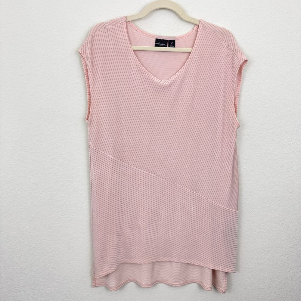 Chico's Women Travelers Tunic Top Sz L Stripe Slinky Stretch Metallic Blush Pink